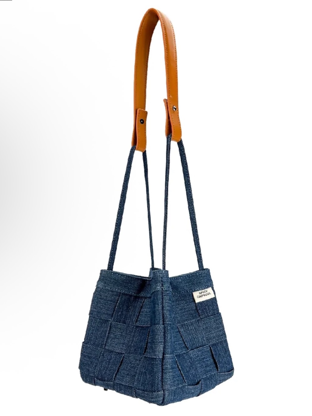 Handwoven Denim Basket Shoulder Bag in Blue with Tan Strap